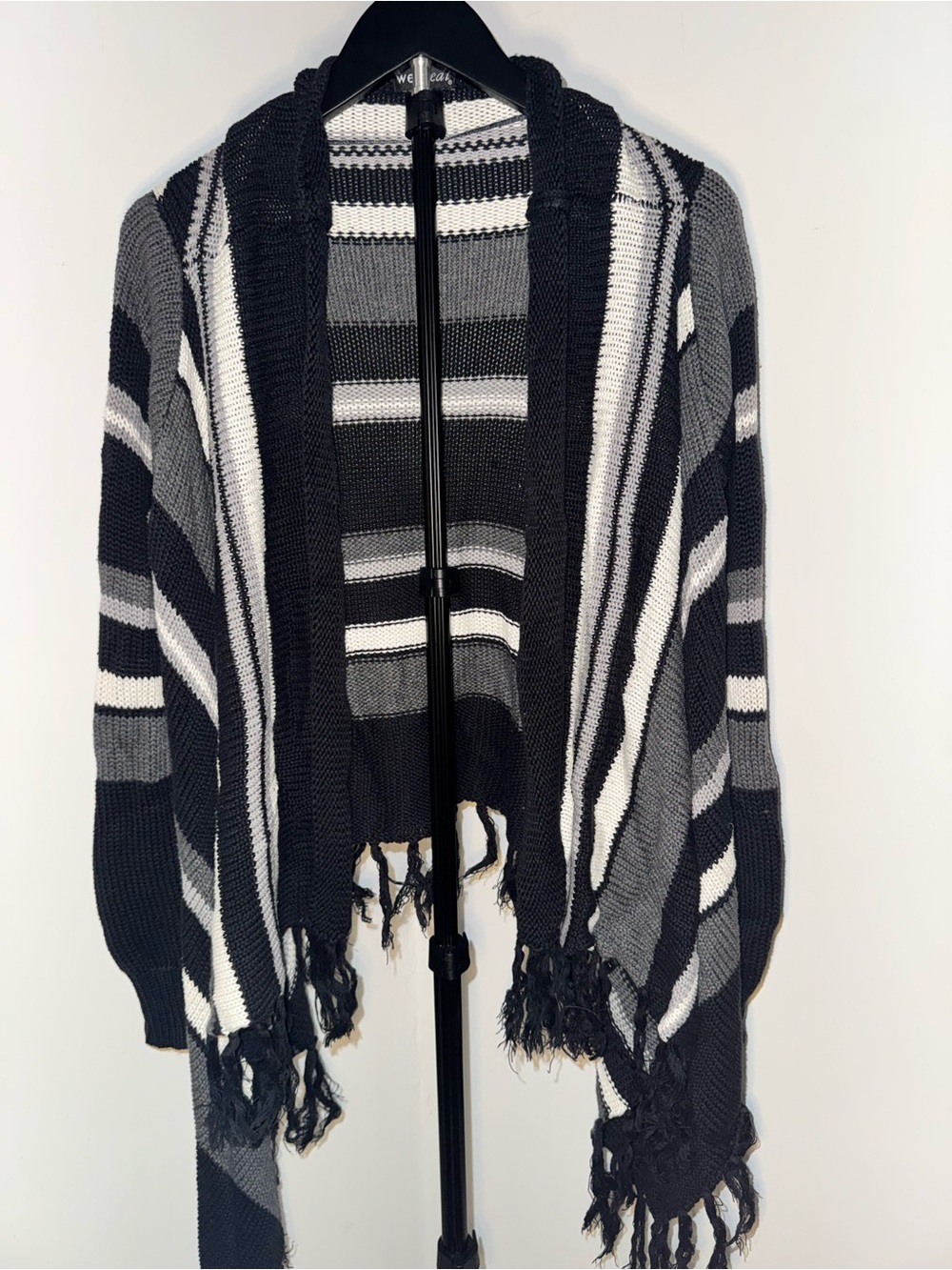 Wet Seal Black, Gray & White Striped Fringe Open-Front Sweater